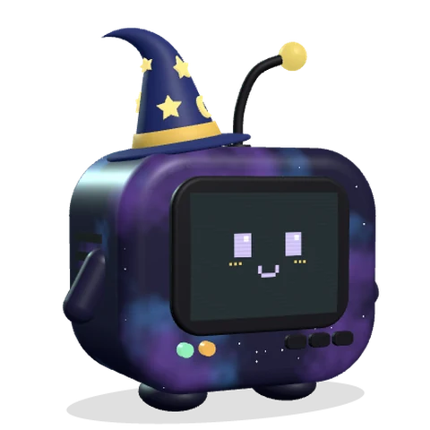 Juno, a galaxy-patterned BipBot in a starry wizard hat