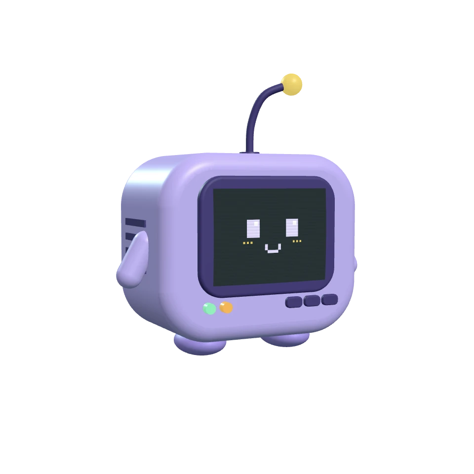 BipBot, a small lilac pet shaped like an old computer monitor, smiling on the Dock